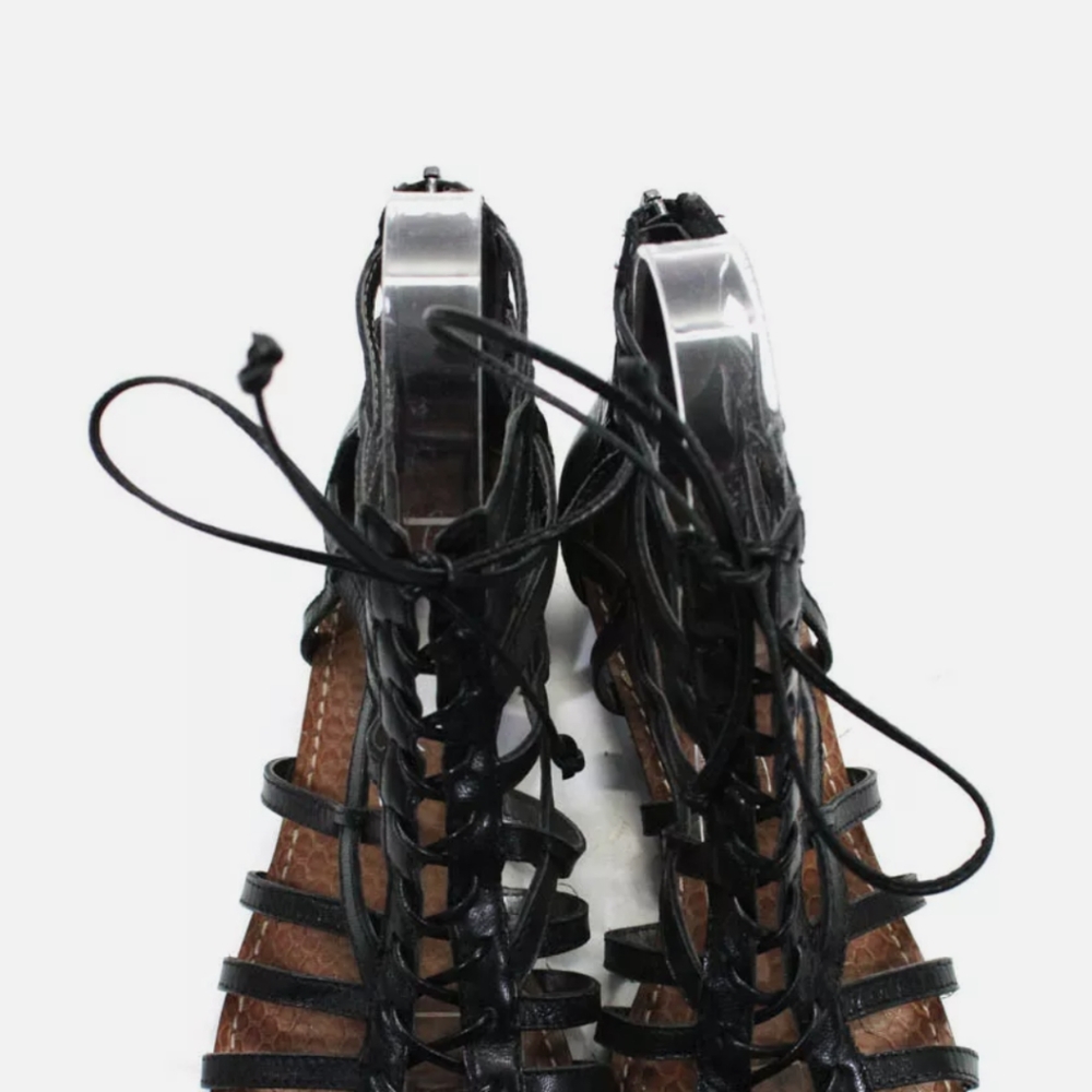 SE Boutique | Sam Edelman Black Leather Sandals mini wedge 7.5 37.5 zip - Picture 2 of 5